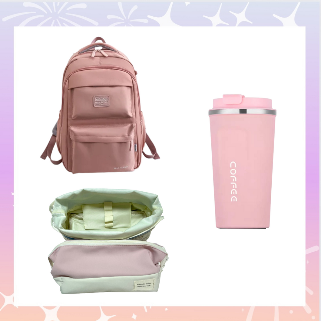 School bag + coffee mug + pencil case