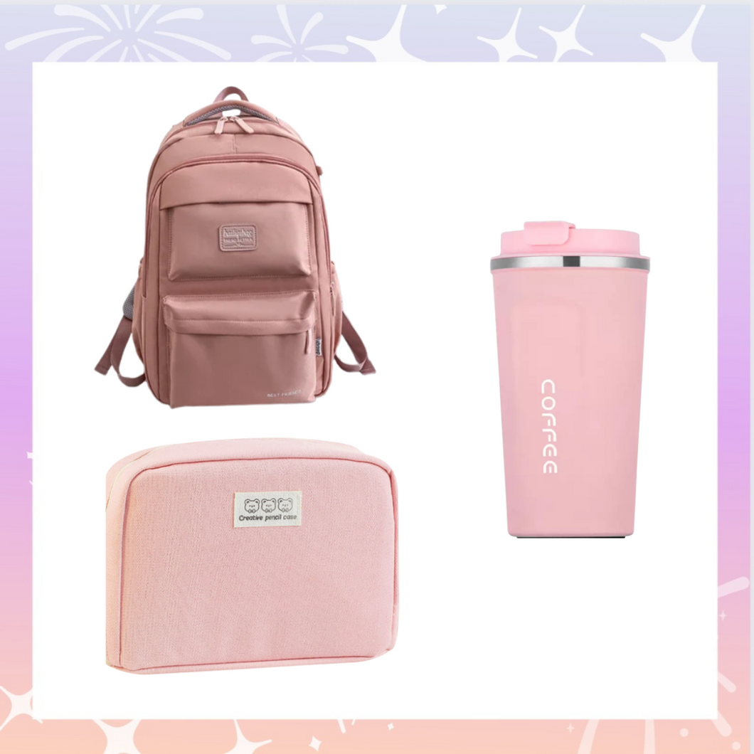 School bag + coffee mug + pencil case