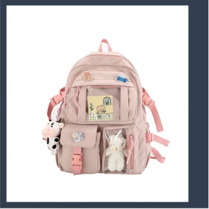 Tote Waterproof backpack school bag with pins and bear pink