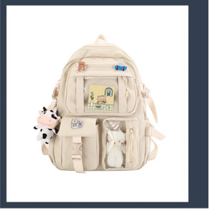 Tote Waterproof backpack school bag with pins and bear beige